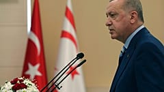 Turkey's President Recep Tayyip Erdogan addresses the Turkish Cypriot Parliament, in Nicosia, Cyprus, on July 19, 2021.