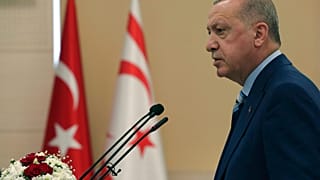 Turkey's President Recep Tayyip Erdogan addresses the Turkish Cypriot Parliament, in Nicosia, Cyprus, on July 19, 2021.