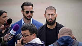 Andrew Tate and his brother Tristan leave the Bucharest Tribunal, Romania,  21 April 2023