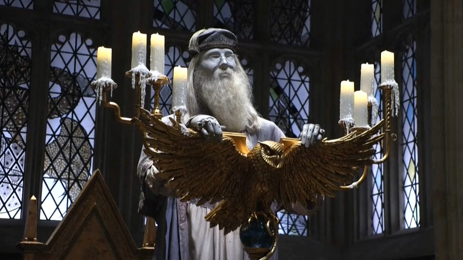 A model of Professor Dumbledoor from the Harry Potter series in the Great Hall 