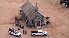 This aerial photo shows the movie set of 'Rust' at Bonanza Creek Ranch, Oct. 23, 2021, in Santa Fe, N.M.