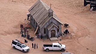 This aerial photo shows the movie set of 'Rust' at Bonanza Creek Ranch, Oct. 23, 2021, in Santa Fe, N.M.