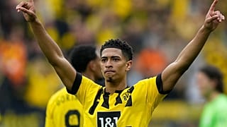 Dortmund's Jude Bellingham celebrates scoring his side's fourth goal during the German Bundesliga match between Borussia Dortmund and VfL Wolfsburg Saturday, May 7, 2023