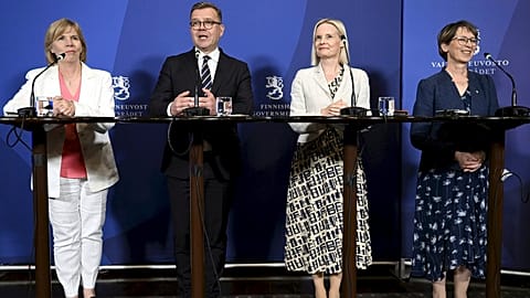 Swedish People's Party chair Anna-Maja Henriksson, National Coalition Party chair Petteri Orpo, The Finns Party chair Riikka Purra and Christian Democrats chair Sari Essayah