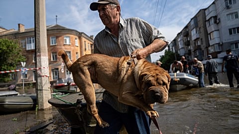 FILE - A man carries his dog after evacuation from a flooded neighborhood of the left bank Dnipro river, in Kherson, Ukraine, Friday, June 9, 2023.