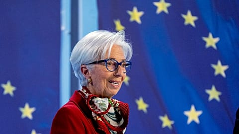 President of European Central Bank Christine Lagarde speaks during a press conference in Frankfurt, Germany, Thursday, March 16, 2023