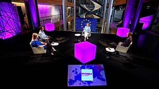Host Méabh Mc Mahon in the European Parliament in Strasbourg with MEPs Patrick Breyer, Arba Kokalari and Barry Andrews
