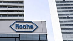 A photograph shows the Swiss pharma giant Roche headquarters in Basel on 28 September 2021.