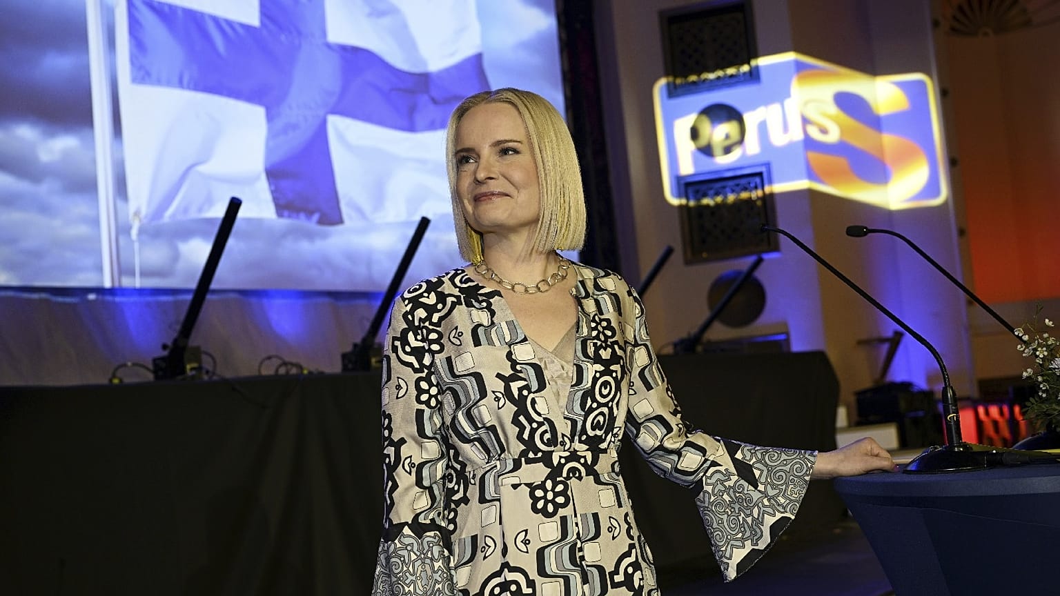 Chairperson Riikka Purra attends The Finns Party parliamentary election party in Helsinki, Finland, April 2, 2023.