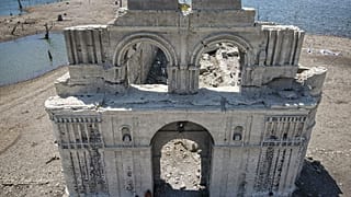 The Temple of Quechula church emerging from the Malpaso Dam after water levels dropped due to the drought.