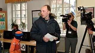 The chairman of the Finns Party and parliamentary candidate Jussi Halla-aho votes in the parliamentary elections, in Helsinki, Finland Sunday, April 14, 2019.