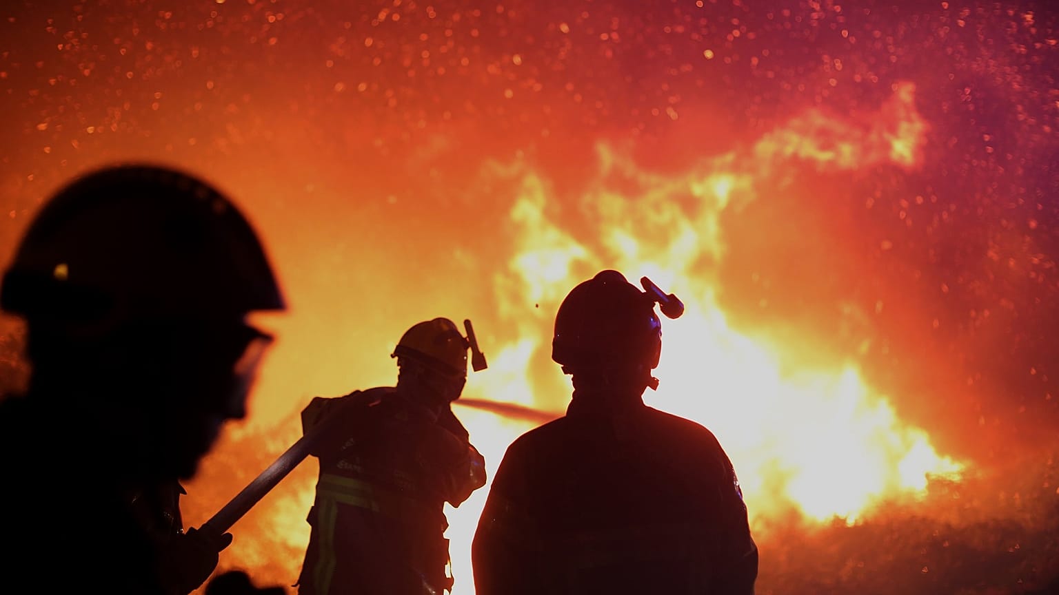 Firefighters spray water as they try to douse a fire near the village of Biguglia, Corsica island, France, July 25, 2017.
