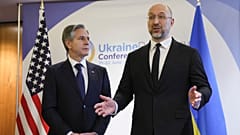 U.S. Secretary of State Antony Blinken, left, meets Ukrainian Prime Minister Denys Shmyhal during the Ukraine Recovery Conference in London, Wednesday, June 21, 2023.