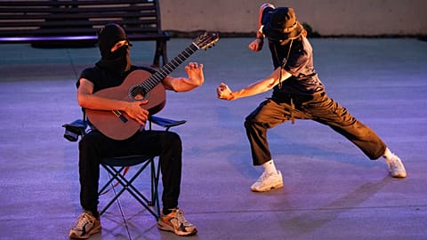 Dancers of the Hylel Company led by choregrapher Marina Gomes perform "Bach Nord (Sortez les guitares)" show on stage in Marseille, France, on June 19, 2023. 
