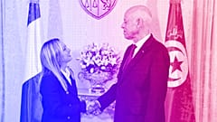 Tunisian President Kais Saied shakes hands with Italian Prime Minister Giorgia Meloni, 6 June 2023