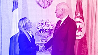 Tunisian President Kais Saied shakes hands with Italian Prime Minister Giorgia Meloni, 6 June 2023