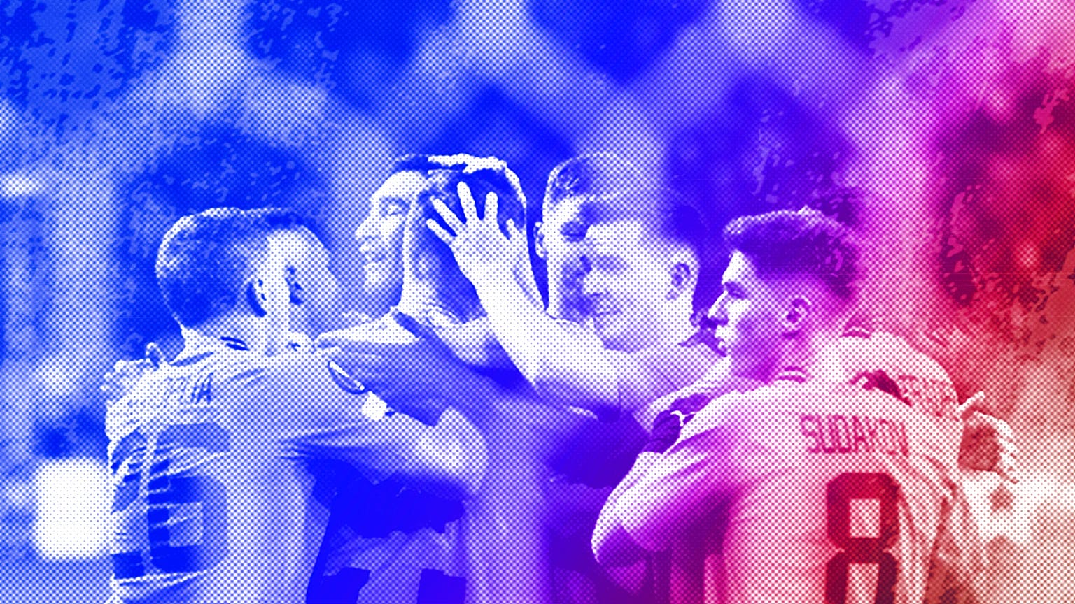 Shakhtar Donetsk players celebrate after Artem Bondarenko scored his side's second goal against Rennes at Polish Army Stadium in Warsaw, February 2023
