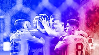Shakhtar Donetsk players celebrate after Artem Bondarenko scored his side's second goal against Rennes at Polish Army Stadium in Warsaw, February 2023