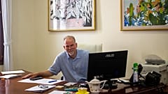 Richard Thompson with his teapot in his office in Sant Joan Town Hall.