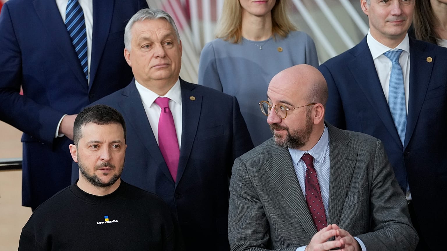 Ukraine's President Volodymyr Zelenskyy, Hungary's Prime Minister Viktor Orban and EU Council President Charles Michel during a EU summit in Brussels. 9 February 2023