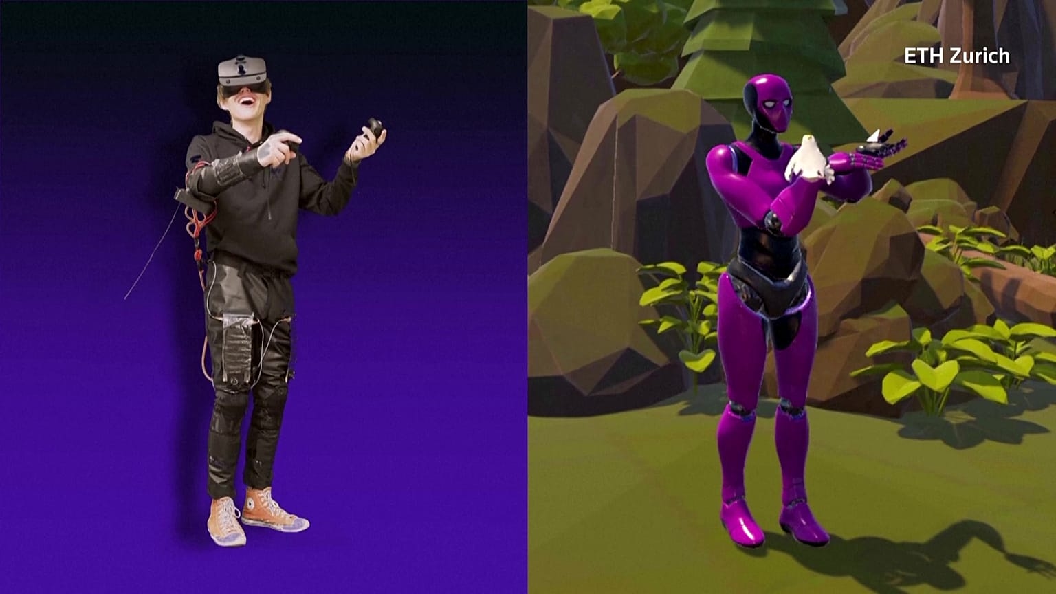 In a test, the team has created a virtual reality where the player can let a bird land on their hand and feel it using the muscles contracting on the suit.