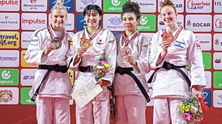 Le podium des -70 kg lors de la deuxième journée du Grand Slam d'Oulan-Bator, en Mongolie, samedi 24 juin 2023.