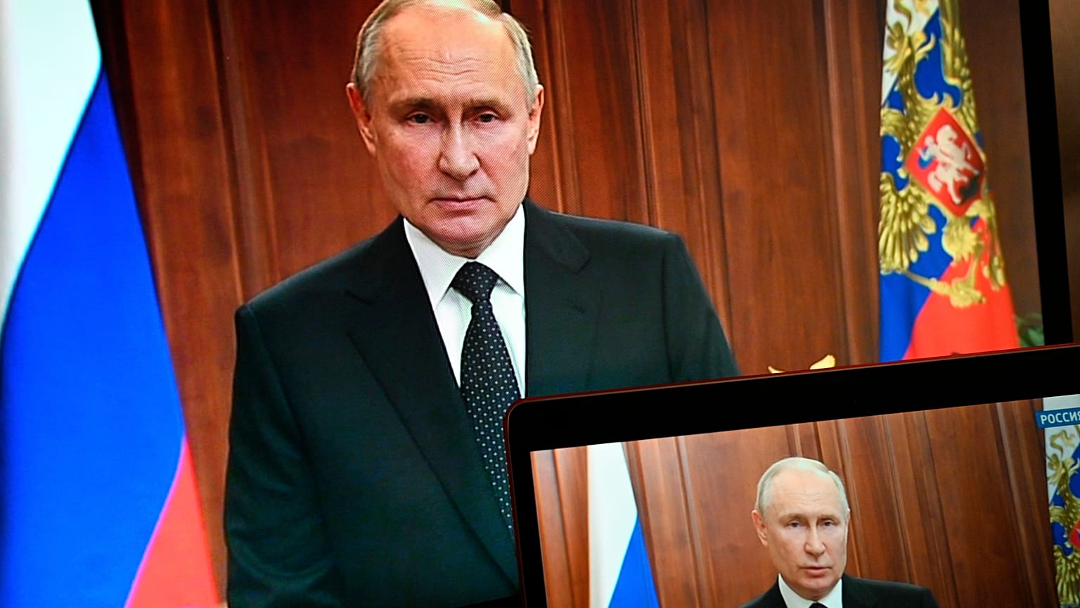 Vladimir Putin records an address from his office as Wagner troops advance toward Moscow