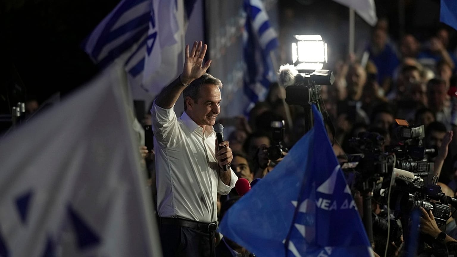 Kyriakos Mitsotakis, premier ministre sortant et leader de la Nouvelle Démocratie (centre-droit) au QG du parti à Athènes, dimanche 25 juin 2023. 
