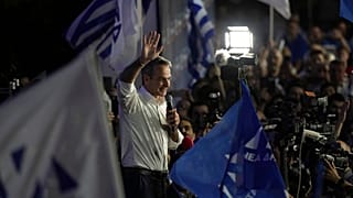 Kyriakos Mitsotakis, premier ministre sortant et leader de la Nouvelle Démocratie (centre-droit) au QG du parti à Athènes, dimanche 25 juin 2023. 