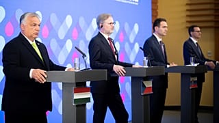 Orbán Viktor magyar, Petr Fiala cseh, Ódor Lajos szlovák és Mateusz Morawiecki lengyel miniszterelnök