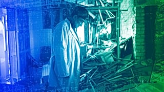 Ukrainian doctor Yurii Kuznetsov pauses in the destroyed surgery section of the hospital in Izium, February 2023