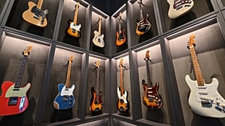Guitars on display in the first global flagship store by US guitar maker Fender, in Tokyo on June 29, 2023.