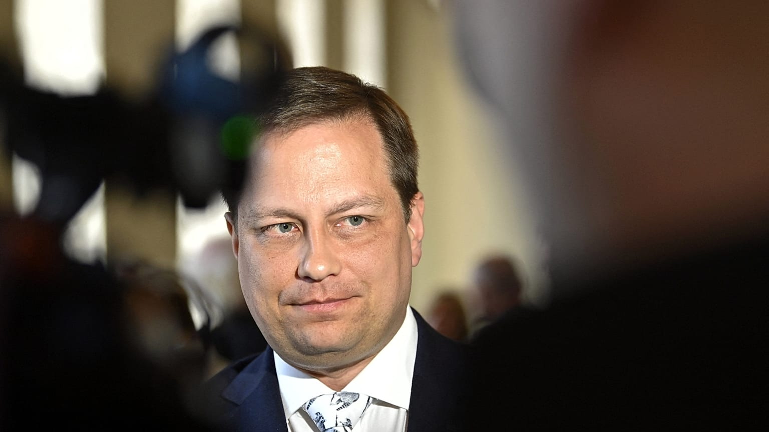 Vilhelm Junnila addresses media in the Finnish parliament in Helsinki, Finland on June 28, 2023