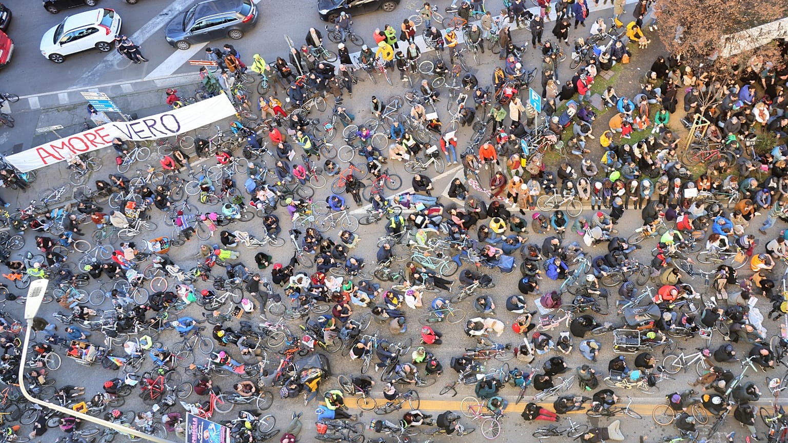 Cyclists gather to protest in Piazzale Loreto.