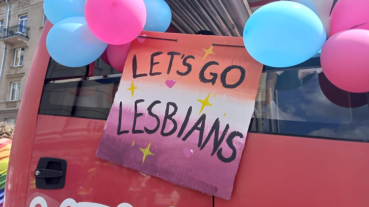 A sign displayed on the Pride bus, Vilnius Pride 2023. 