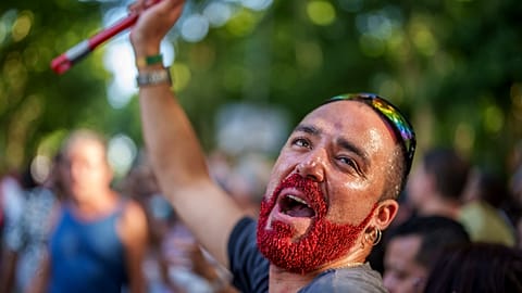 A participant takes part during the annual Pride march in Madrid, Spain, Saturday, July 1, 2023. 