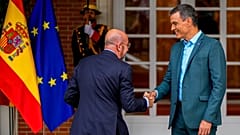Spanish Prime Minister Pedro Sanchez welcomes European Council President Charles Michel at the Moncloa Palace in Madrid, Spain, Sunday, July 2, 2023. 