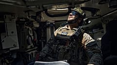 A Ukrainian soldier inside a Bergepanzer 2 armoured recovery vehicle on the frontline in the Zaporizhzhia region, Ukraine, Saturday, July 1, 2023