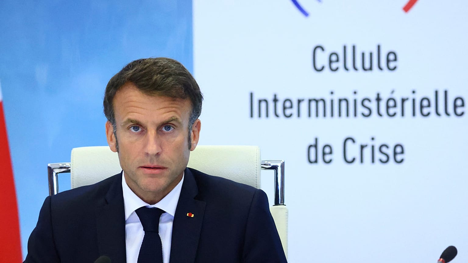 French President Emmanuel Macron speaks following a government emergency meeting after riots erupted for the third night in a row across the country, Friday, June 30, 2023. 