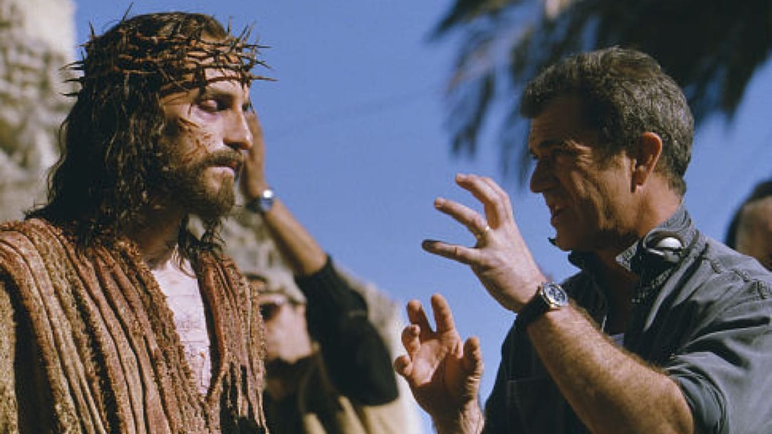 Jim Caviezel (left) and Mel Gibson (right) on the set of 2004's The Passion of the Christ