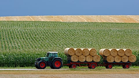 A tractor with trailers transports bales of straw from a field near Dachau, southern Germany.