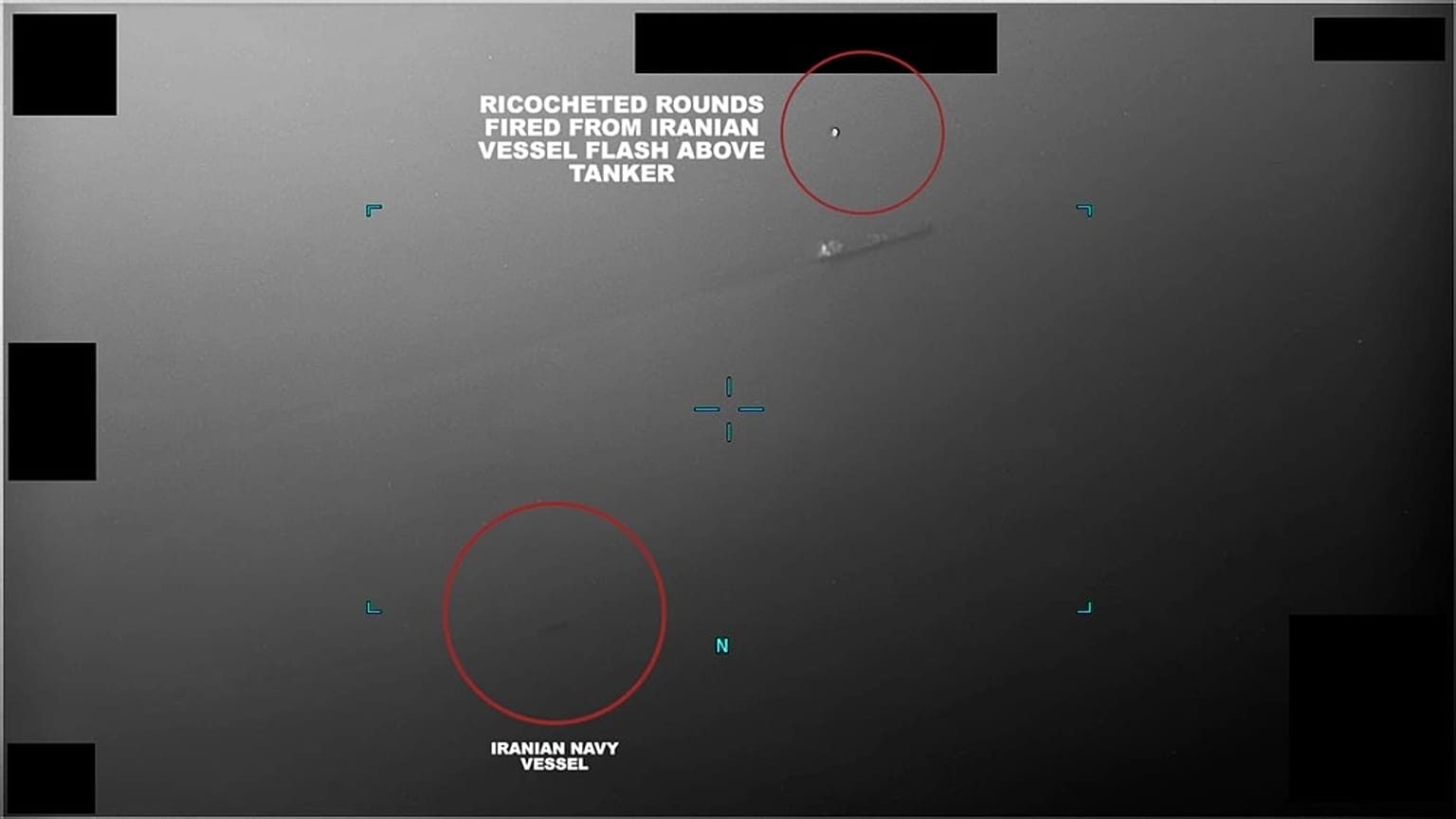 Screenshot of video captured of an Iranian naval vessel firing multiple long bursts of rounds during an attempt to unlawfully seize the commercial tanker in the Gulf of Oman