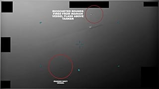 Screenshot of video captured of an Iranian naval vessel firing multiple long bursts of rounds during an attempt to unlawfully seize the commercial tanker in the Gulf of Oman