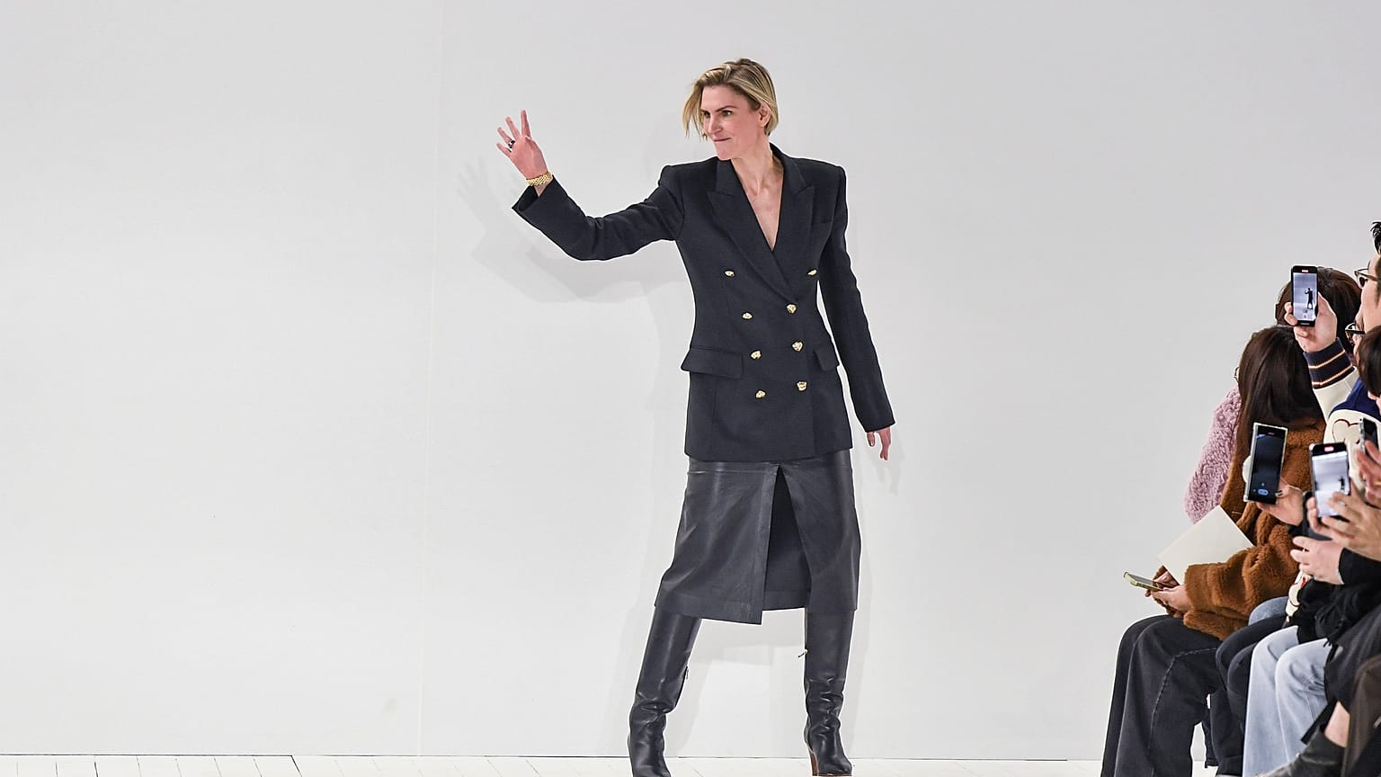 Fashion powerhouse: Gabriela Hearst waves on the runway following her collection in Paris in March