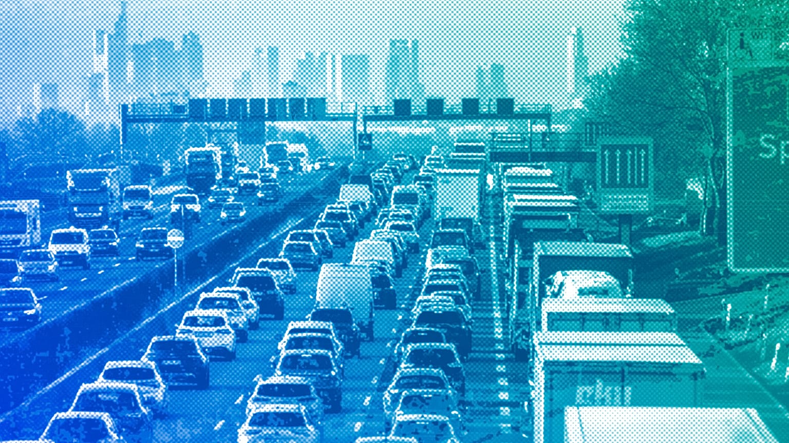 Cars and trucks queue in a traffic jam on a highway near Frankfurt, March 2023