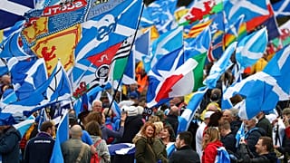 Scottish independence supporters march through Edinburgh, Scotland, Saturday Oct. 5, 2019. 