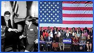 RFK Jr. nagybátyjával, John Kennedy elnökkel a Fehér Házban, 1961-ben (b), hatvankét évvel később, 2023-ban bejelentette, hogy indul az elnöki tisztségért (j)