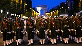 Indian soldiers march on the Champs Elysees avenue during a rehearsal for the Bastille Day parade in Paris, France, Monday, July 10, 2023. 