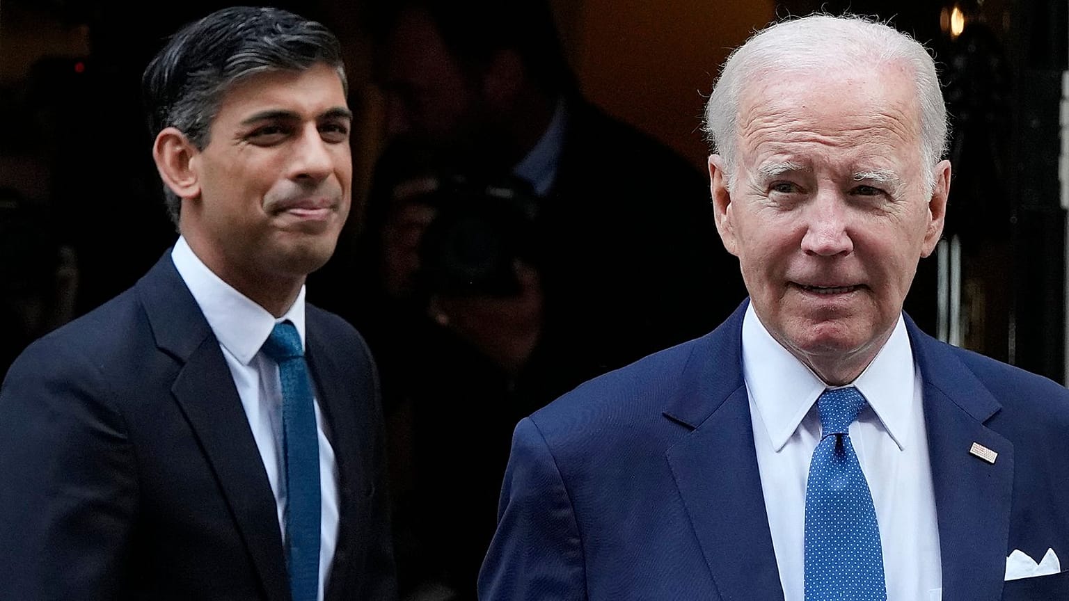 US President Joe Biden and Britain's Prime Minister Rishi Sunak leave 10 Downing Street after a meeting in London