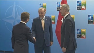 Recep Tayyip Erdogan, presidente de Turquía; Jens Stoltenberg, secretario general de la OTAN; Ulf Kristersson, primer ministro de Suecia